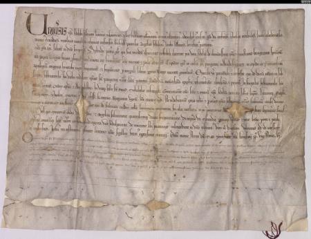 Slika 1 Listina, 1. december 1300 – podelitev odpustkov vsem, ki bodo darovali cerkvi sv. Pankracija v Slovenj Gradcu, PAM, Zbirka listin, SI_PAM0001_00005.